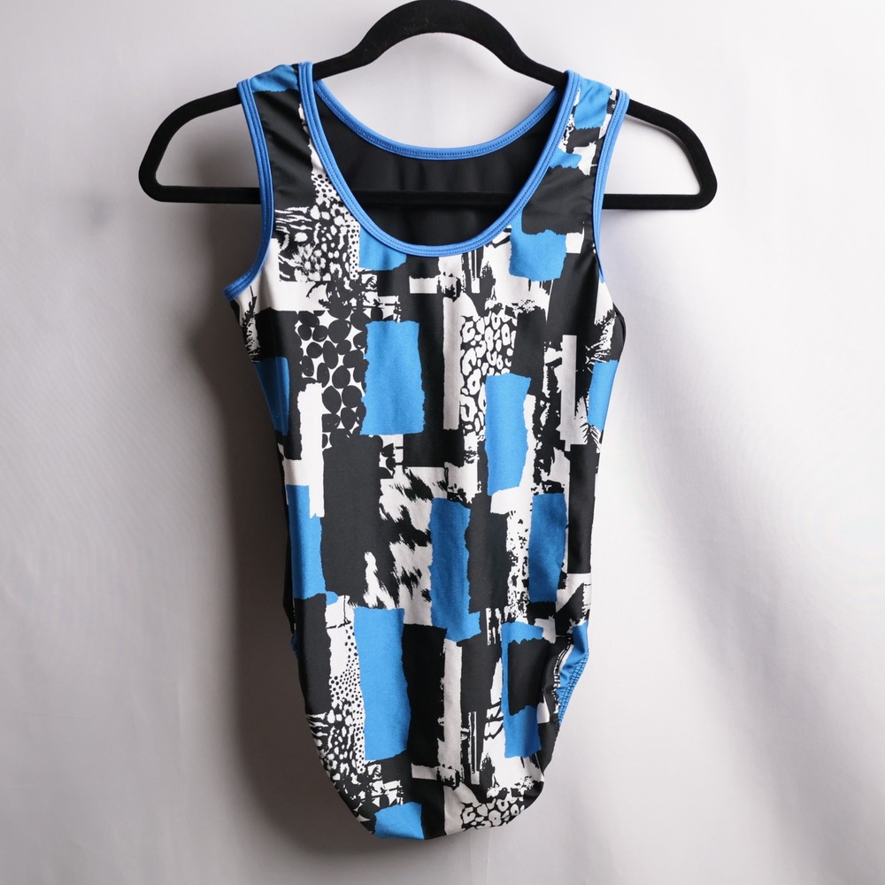 Plum Practicewear Adult Medium Blue Black White Abstract Gymnastics Leotard